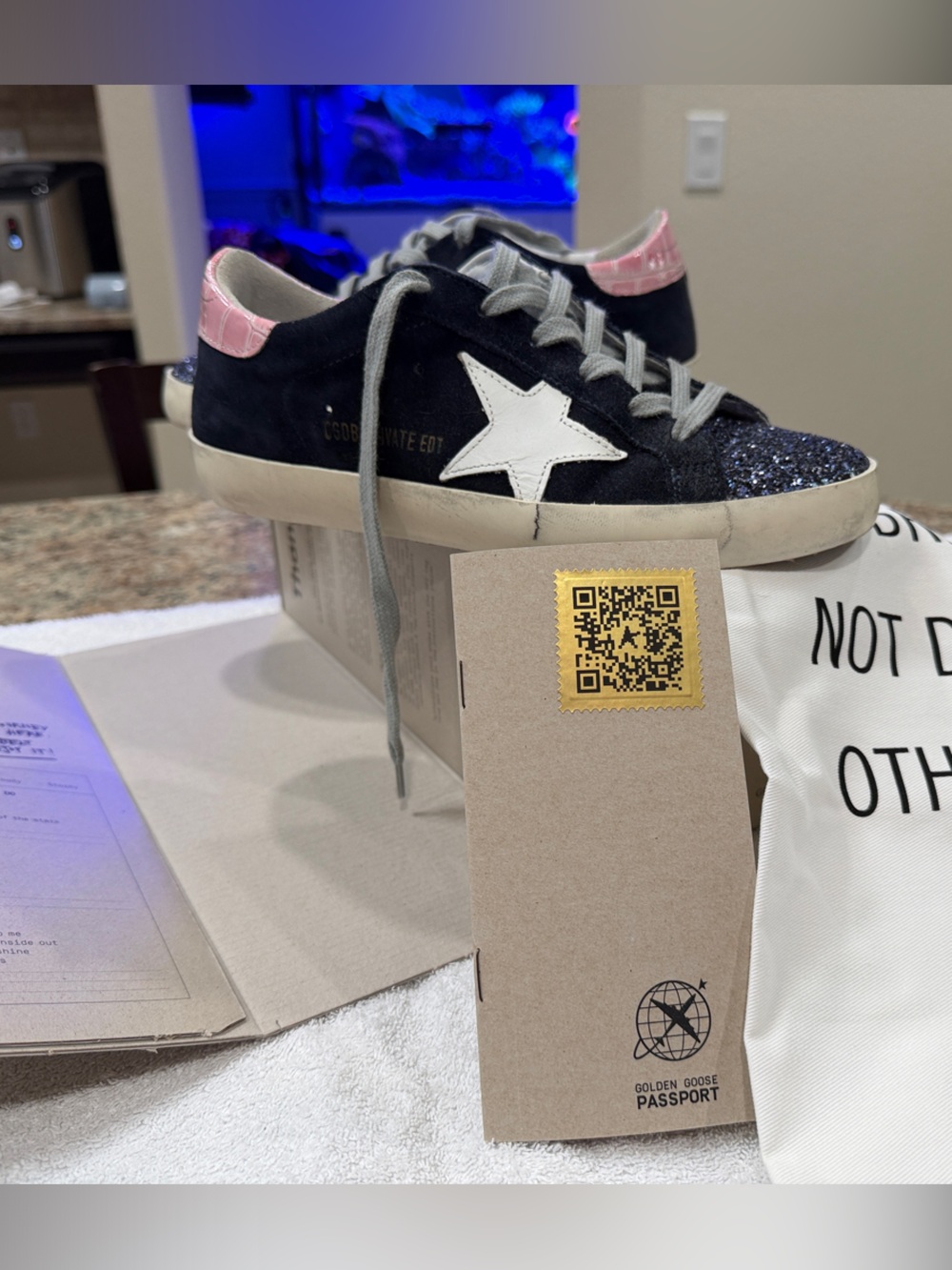 Golden Goose Superstar Women’s Suede Navy & Pink Star Glitter Toe Sneaker